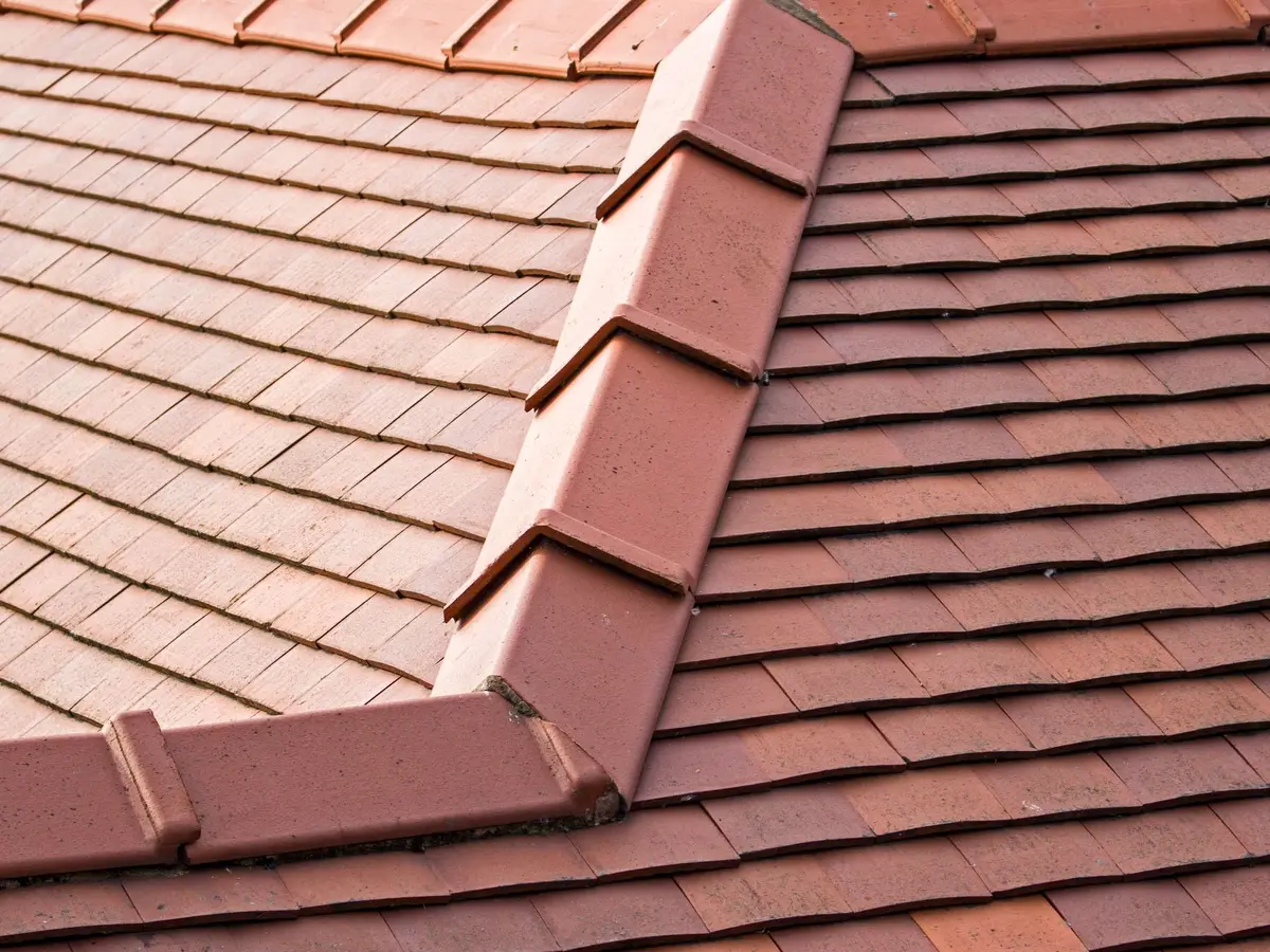 Close view of red plain clay roof tiles