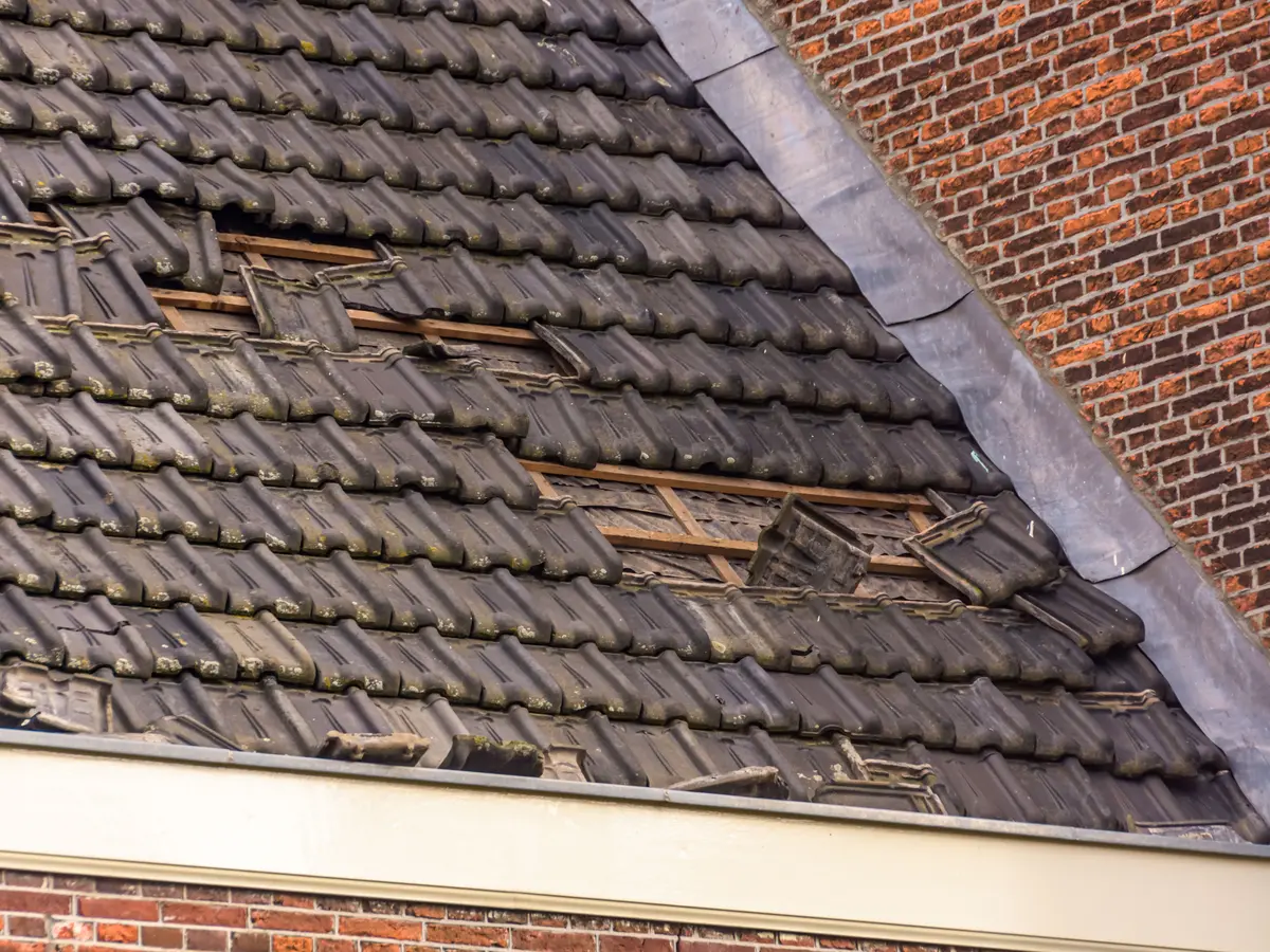 Slipped and broken tiles on a pitched roof