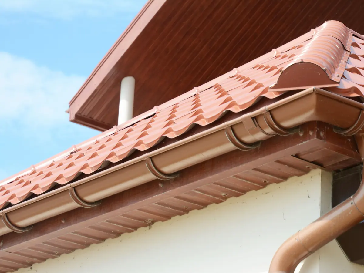 Brown gutter and downpipe below a tiled roof